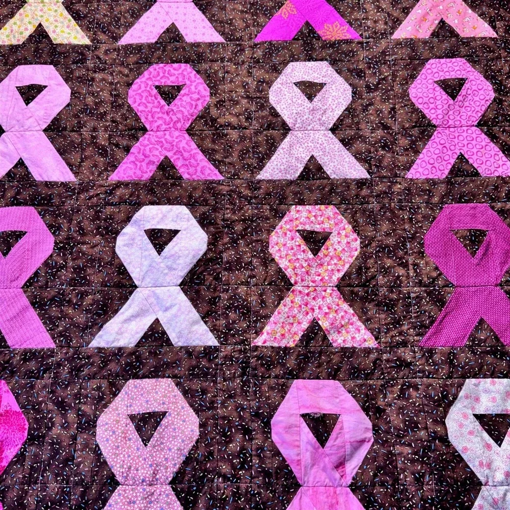 Quilt Breast Cancer‎ Awareness Handmade Ribbons of Hope Signed Brown Pink 60x42